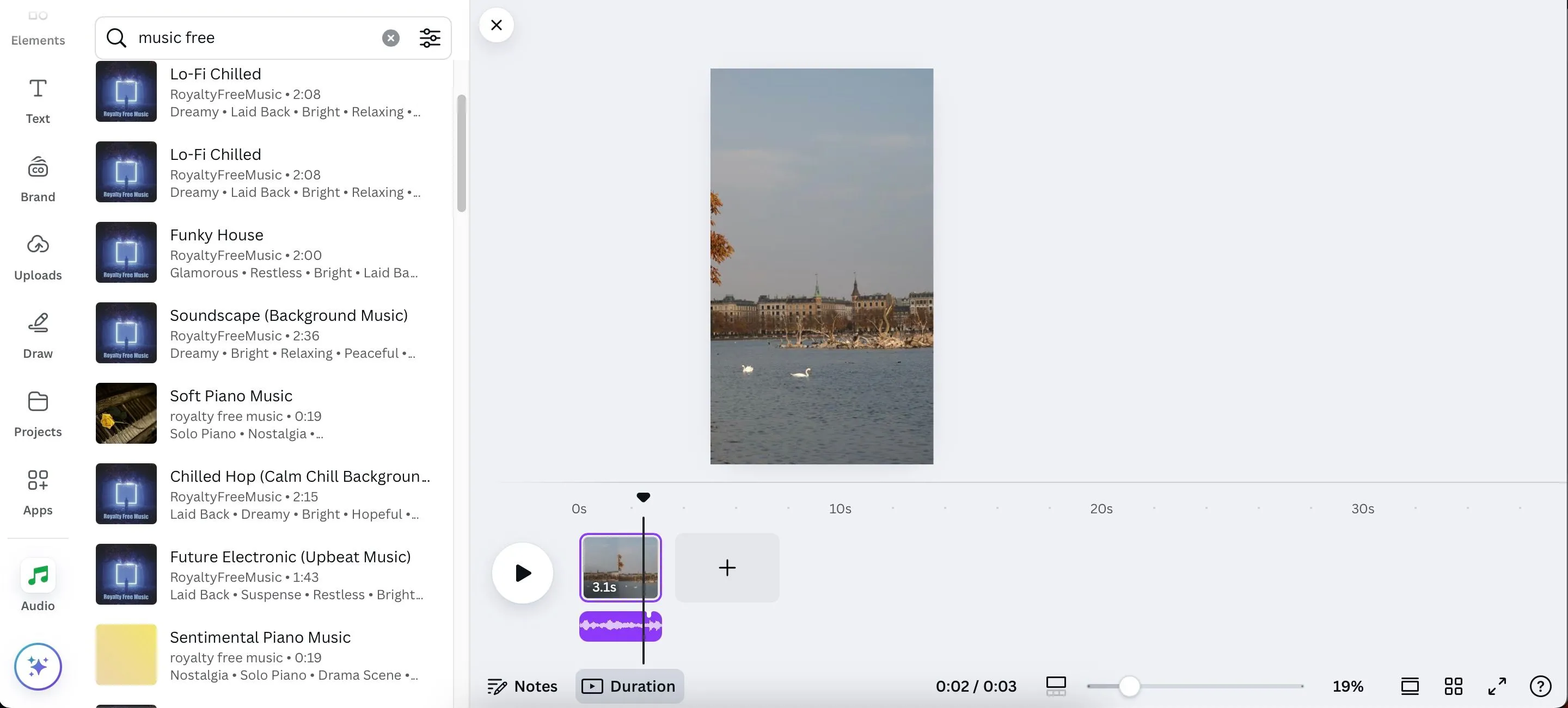 Giao diện Canva giúp thêm nhạc và điều chỉnh âm thanh cho video trực tuyến.
