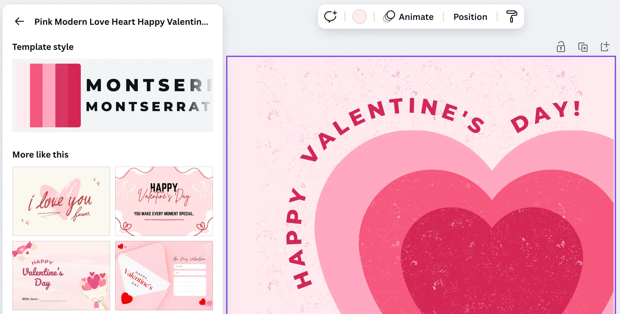 Giao diện Canva giúp thiết kế thiệp Valentine trực tuyến, với các tùy chọn tùy chỉnh mẫu và văn bản độc đáo.