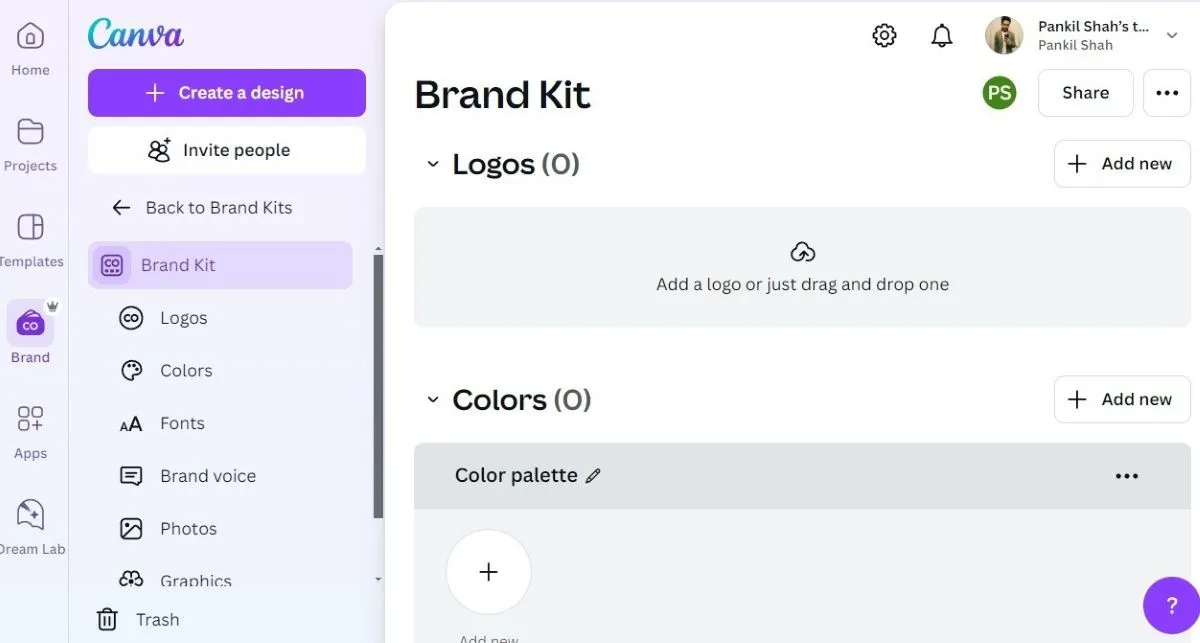 Giao diện Canva với tab Bộ Thương Hiệu (Brand Kit) giúp quản lý logo và màu sắc