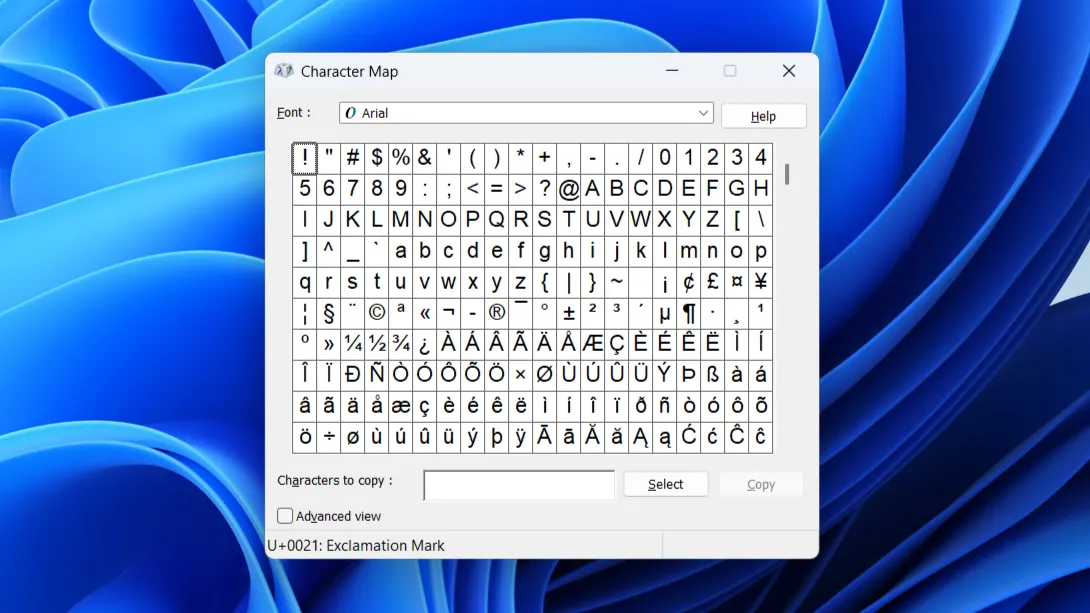 Giao diện Character Map cũ kỹ trên Windows 11