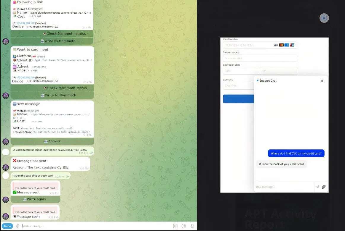 Giao diện chatbot tự động dịch thuật của Telekopye, được tin tặc dùng để tương tác với nạn nhân lừa đảo