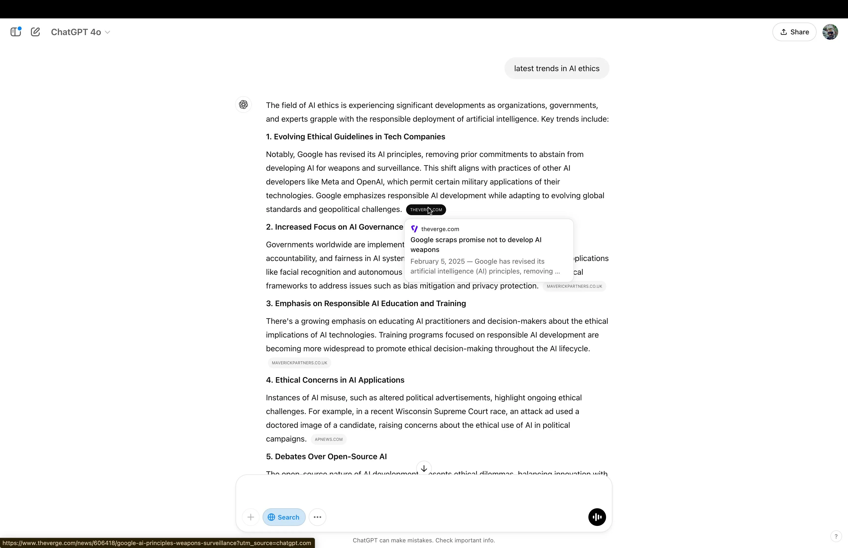 Giao diện ChatGPT hiển thị kết quả tìm kiếm với các trích dẫn nguồn cụ thể