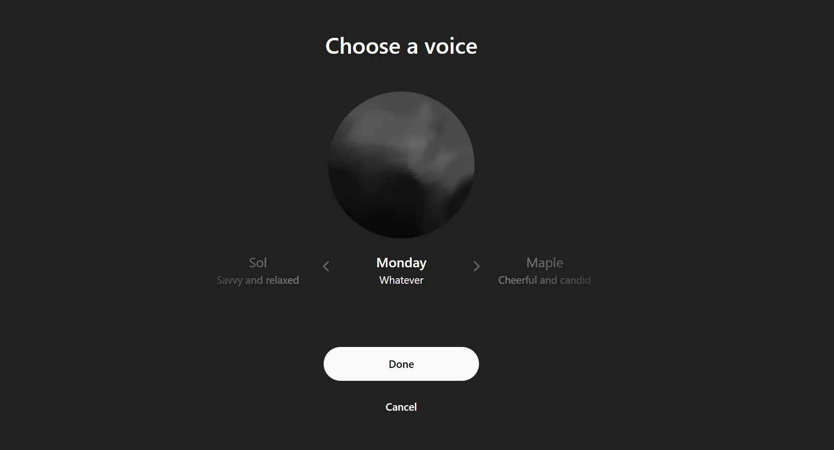 Giao diện ChatGPT hiển thị tùy chọn giọng nói Monday