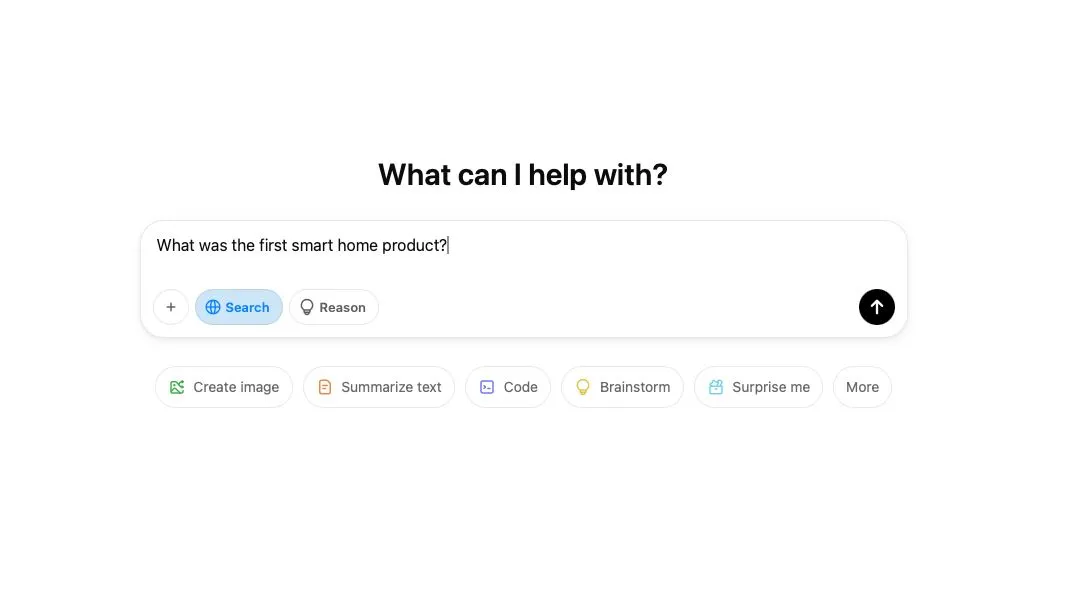 Giao diện ChatGPT Search dành cho người dùng chưa đăng nhập, hiển thị ô tìm kiếm và lời chào "What can I help with?"