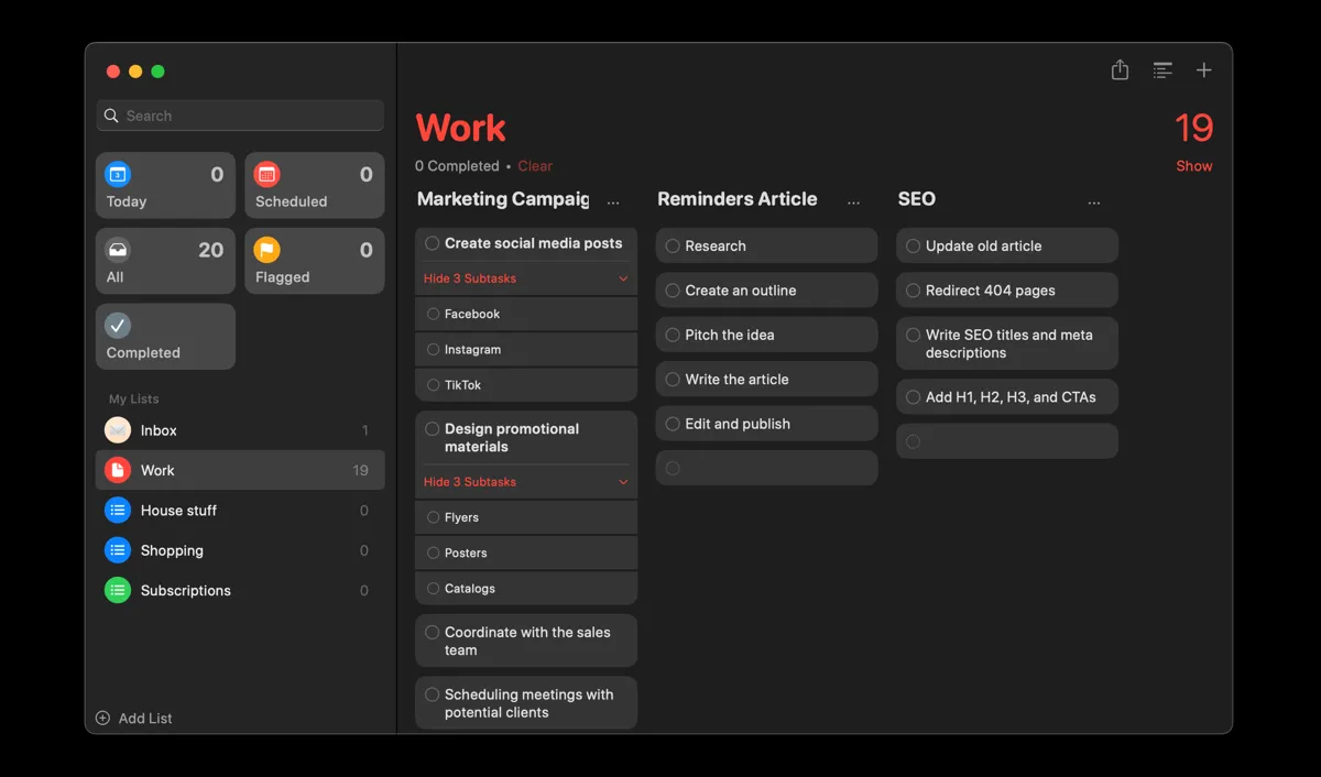 Giao diện chế độ xem cột (Kanban) trong ứng dụng Apple Reminders, giúp người dùng dễ dàng quản lý và kéo thả các tác vụ theo từng giai đoạn dự án.