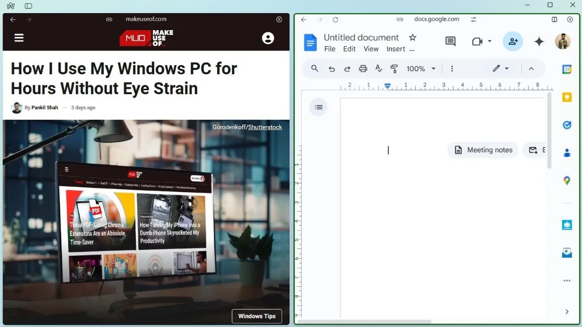 Giao diện chia đôi màn hình (Split View) trên Arc Browser với MakeUseOf và Google Docs