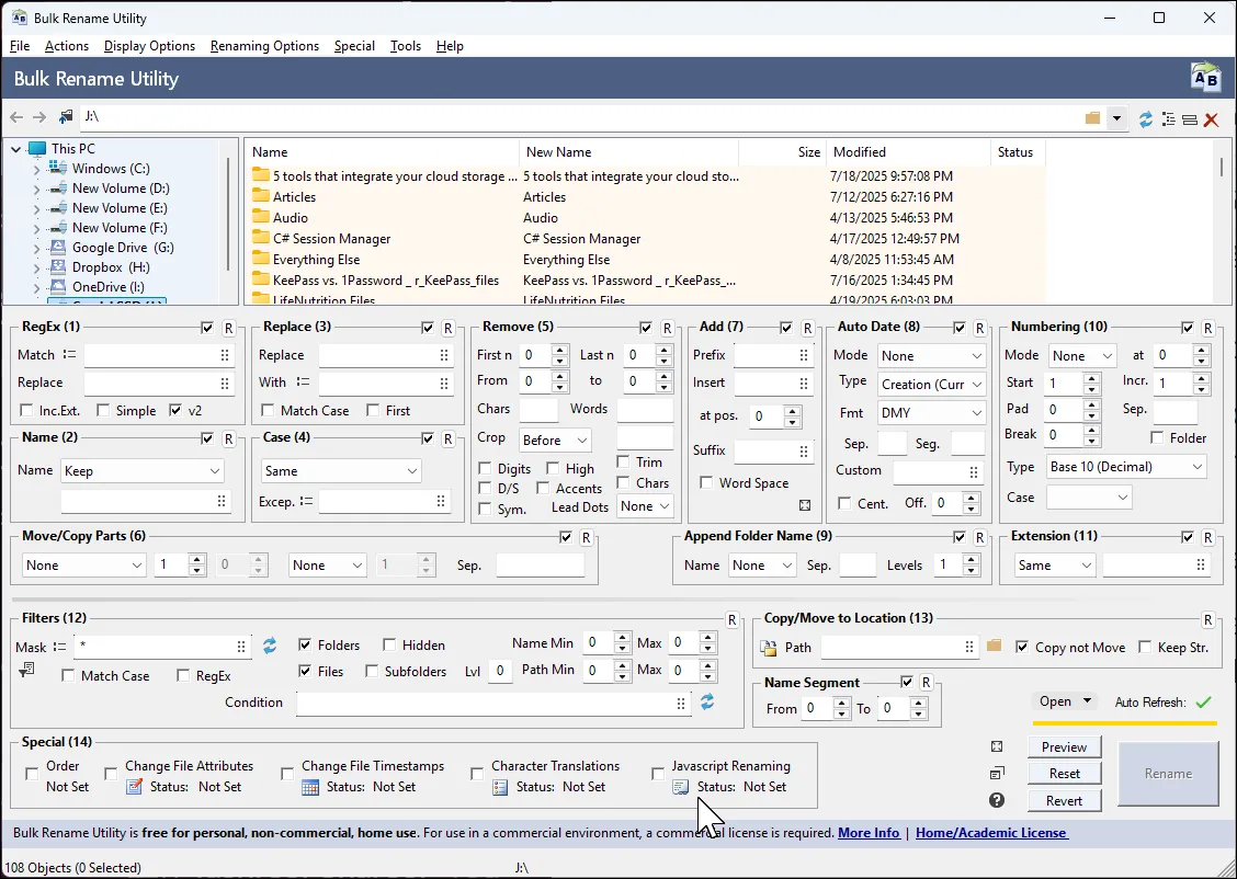 Giao diện chính của Bulk Rename Utility hiển thị các tùy chọn đổi tên file hàng loạt
