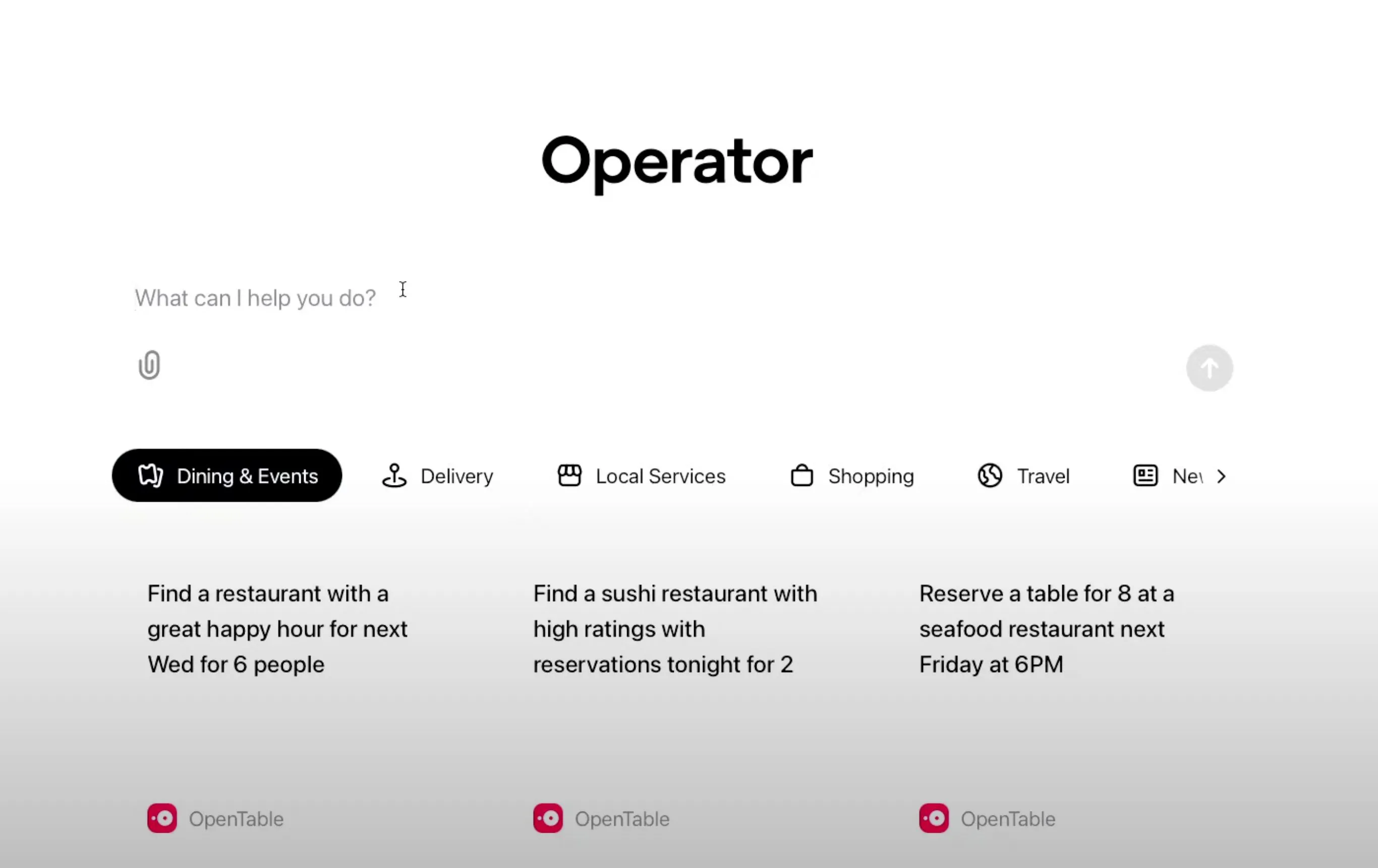 Giao diện chính của ChatGPT Operator, minh họa một loại AI agent tiên tiến có khả năng tương tác và thực hiện tác vụ.