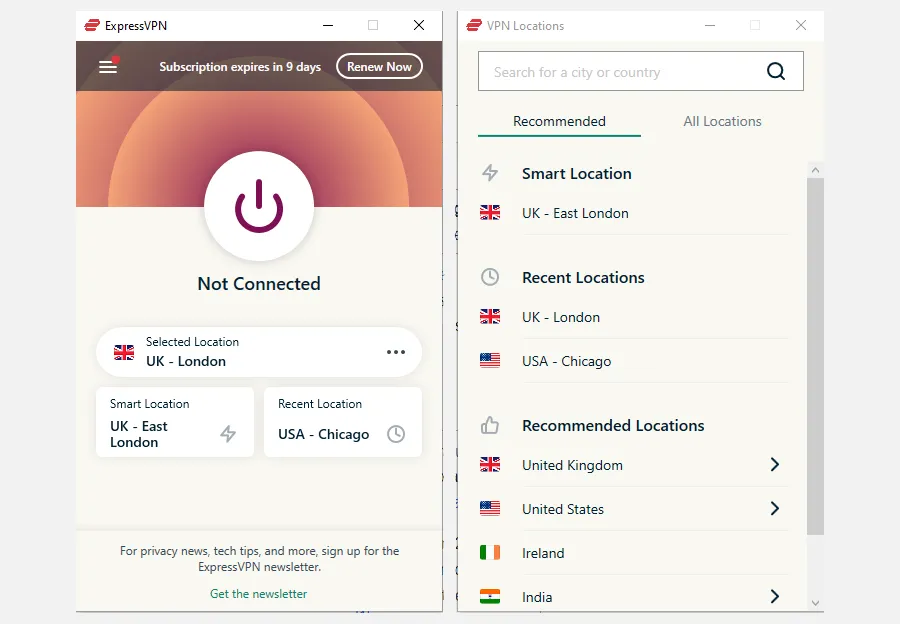 Giao diện chính của ExpressVPN hiển thị danh sách các vị trí máy chủ có thể kết nối để bảo vệ eSIM hiệu quả.