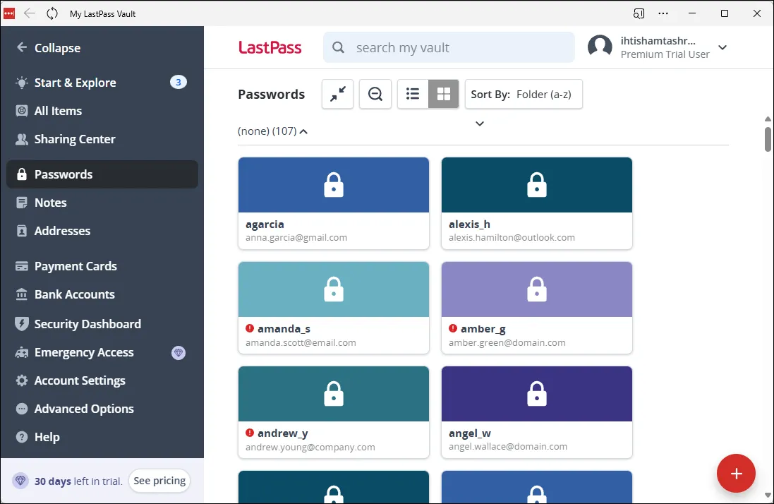 Giao diện chính của LastPass, hiển thị các tính năng quản lý mật khẩu chuyên nghiệp.