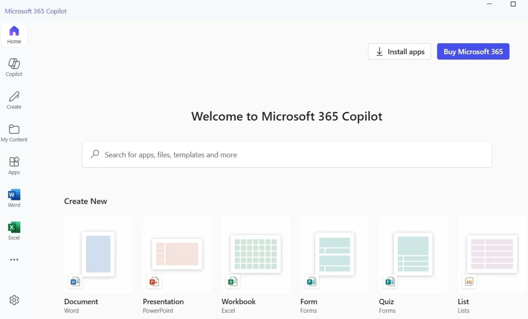 Giao diện chính của Microsoft 365 Copilot, hiển thị khả năng tích hợp AI vào ứng dụng văn phòng