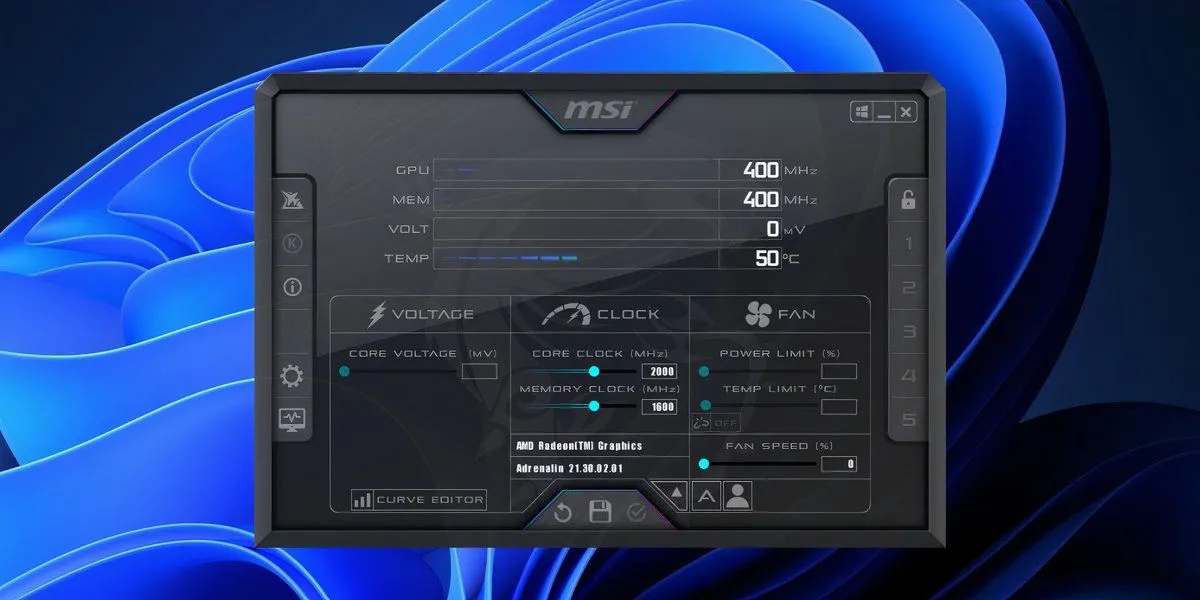 Giao diện chính của MSI Afterburner trên Windows 11, hiển thị thông số GPU và các thanh điều chỉnh ép xung.