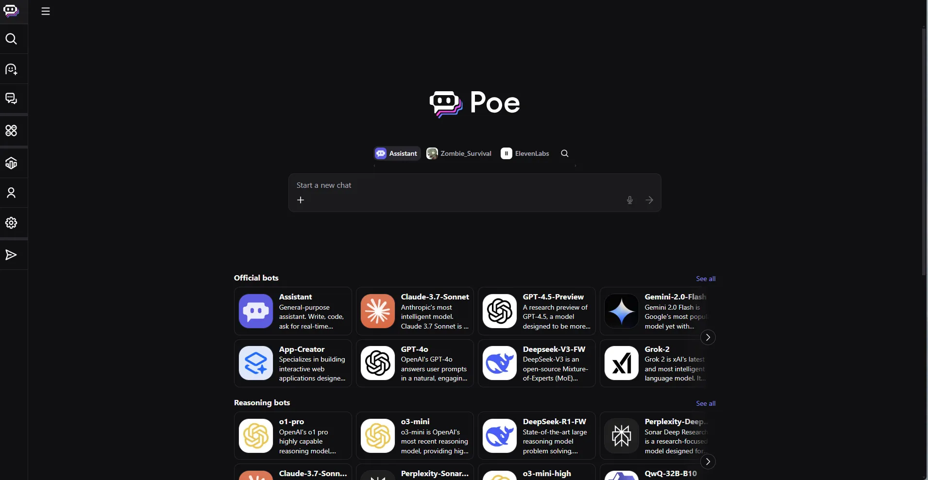 Giao diện chính của nền tảng Poe trên máy tính, thể hiện sự đa dạng các chatbot AI