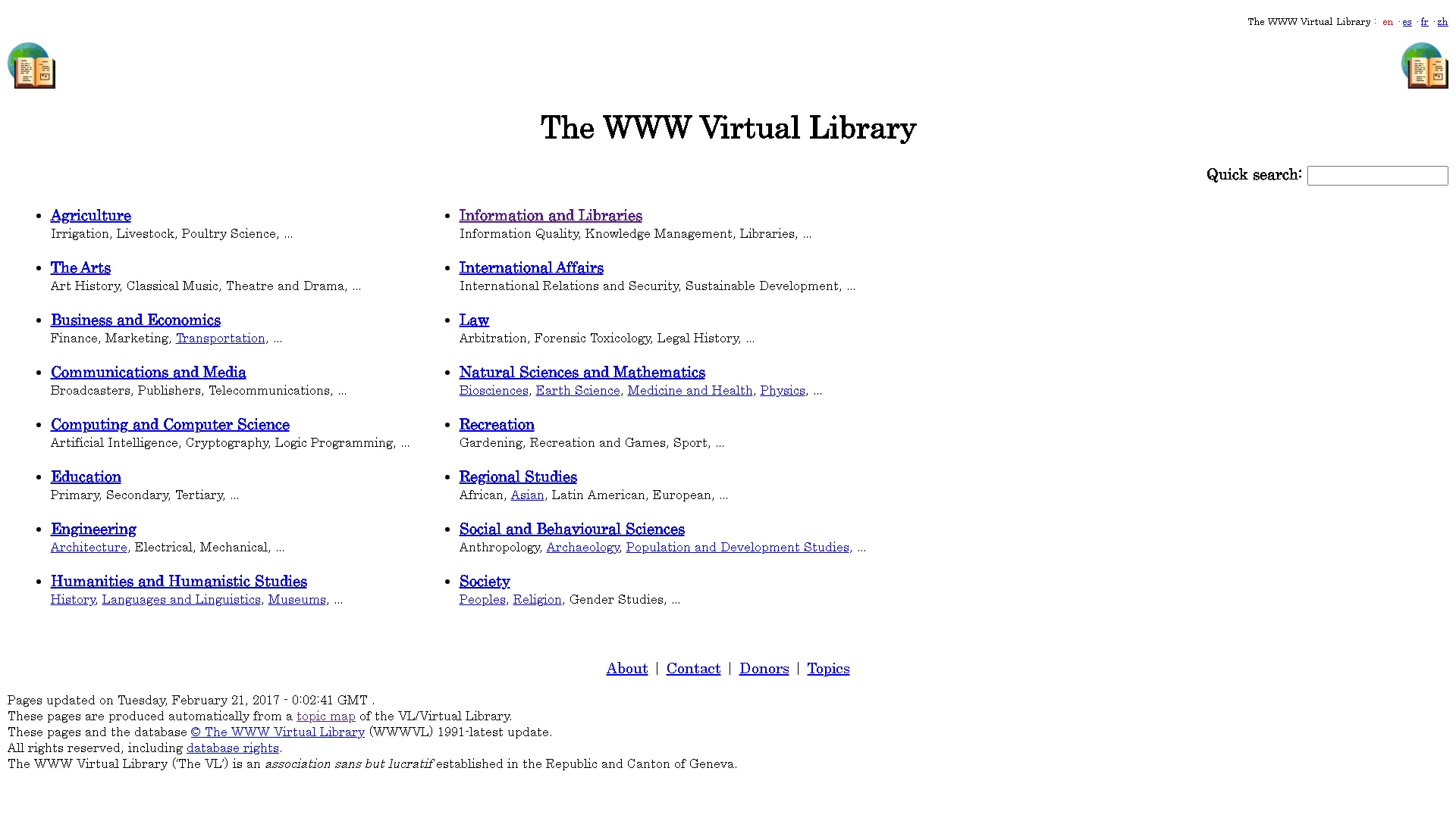 Giao diện chính của Thư Viện Ảo World Wide Web (vlib.org), chỉ mục nội dung lâu đời nhất trên Internet