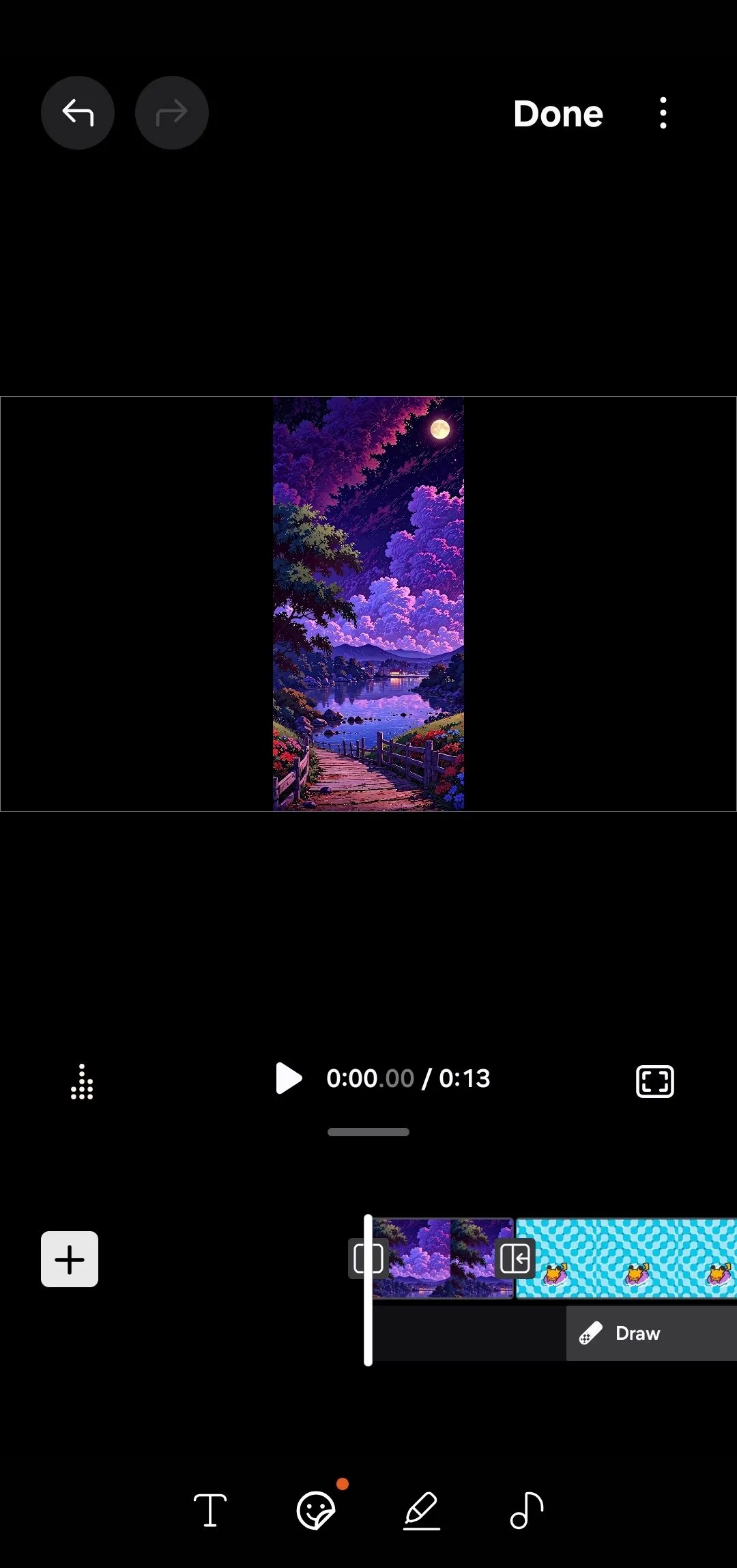 Giao diện chính của trình chỉnh sửa video Samsung Studio trên điện thoại Galaxy, hiển thị timeline và các công cụ.