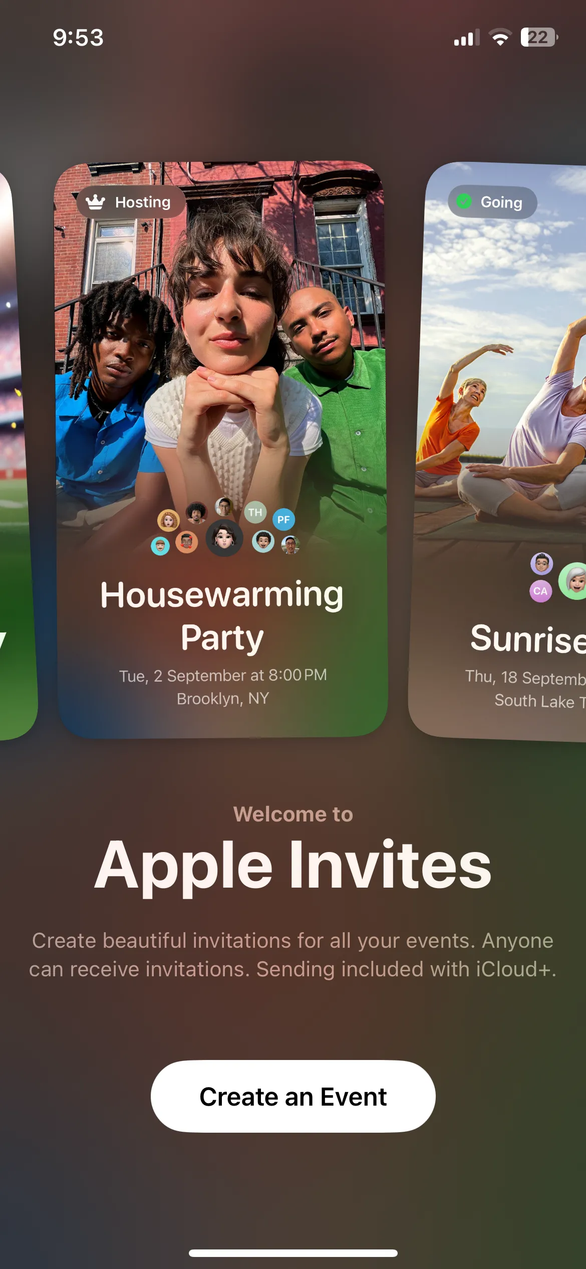 Giao diện chính của ứng dụng Apple Invites trên iPhone, hiển thị các mẫu thiệp mời kỹ thuật số.