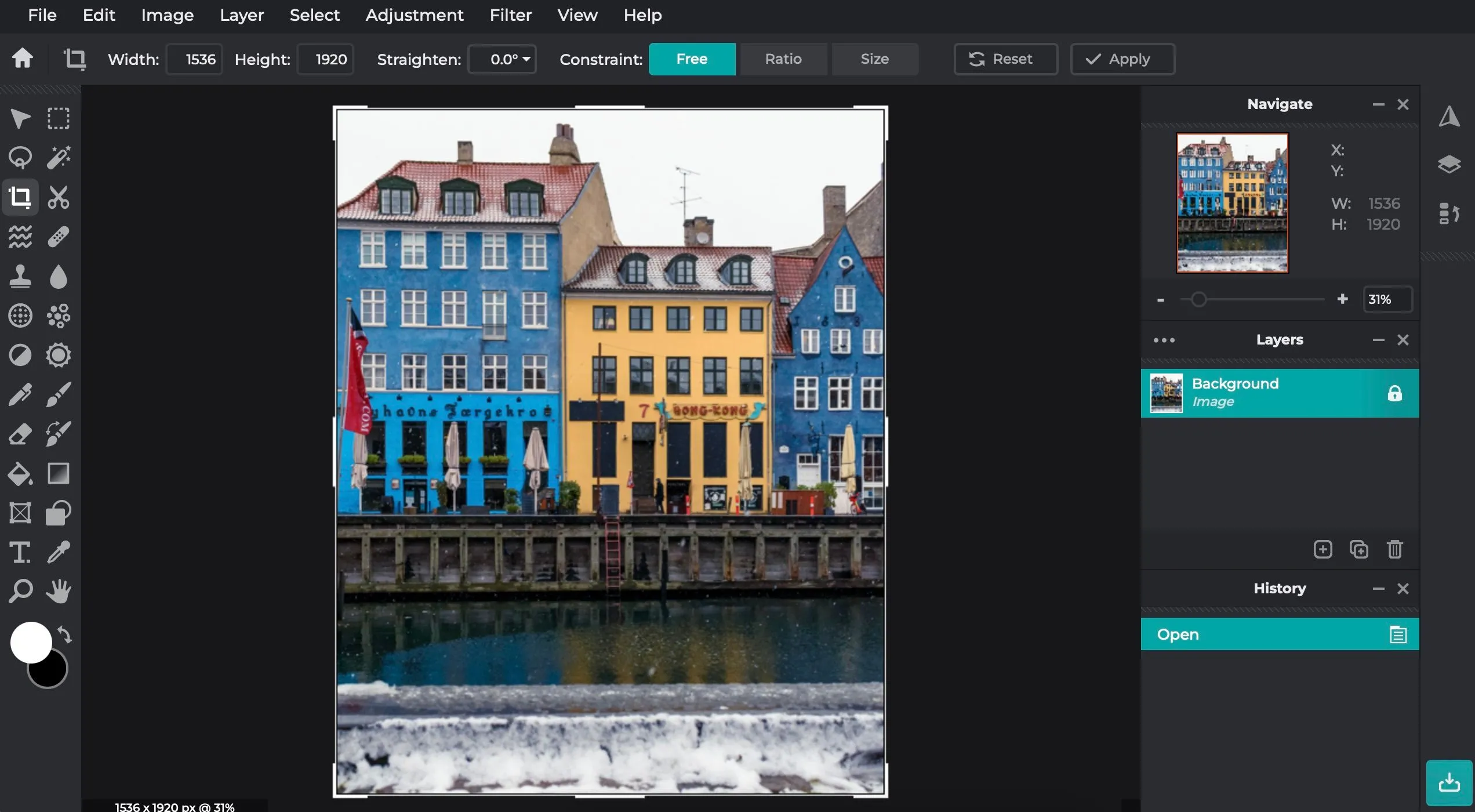 Giao diện chỉnh sửa ảnh trên Pixlr E