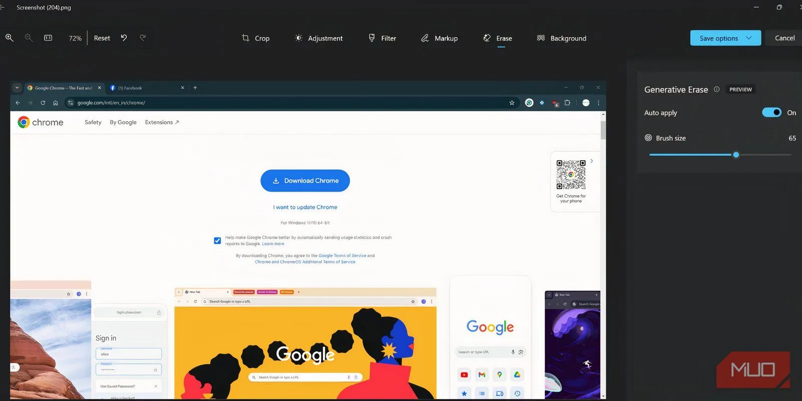 Giao diện chỉnh sửa của ứng dụng Microsoft Photos với tùy chọn Generative Erase được chọn, sẵn sàng để xóa các đối tượng trên hình ảnh