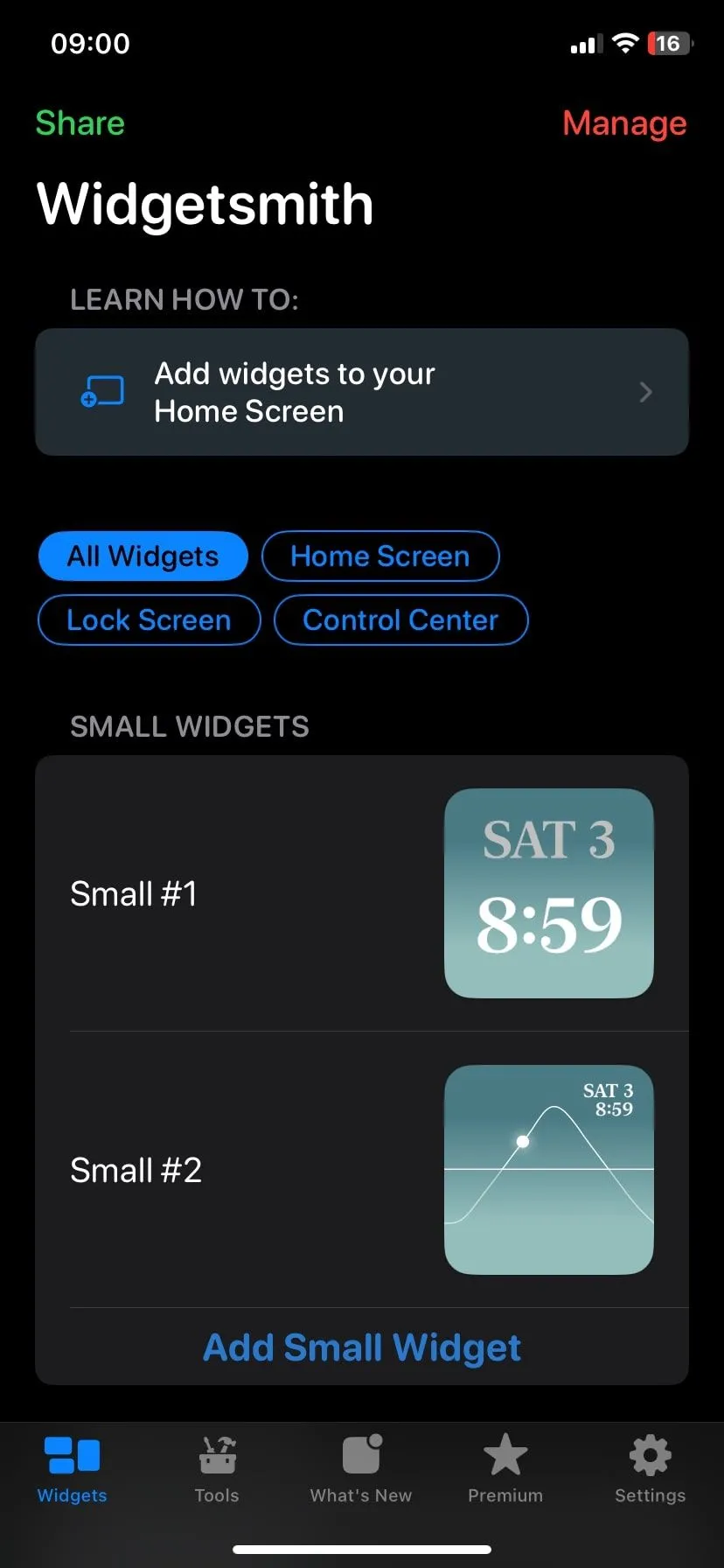 Giao diện chính ứng dụng Widgetsmith trên iPhone với các tùy chọn tạo widget.