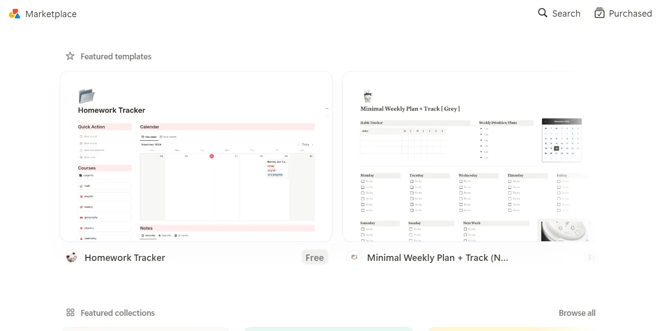 Giao diện chợ mẫu (Template Marketplace) của Notion, hiển thị sự đa dạng của các mẫu miễn phí có sẵn cho mọi người dùng.