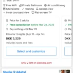 Giao diện chọn loại phòng và tùy chọn đặt phòng linh hoạt trên Booking.com