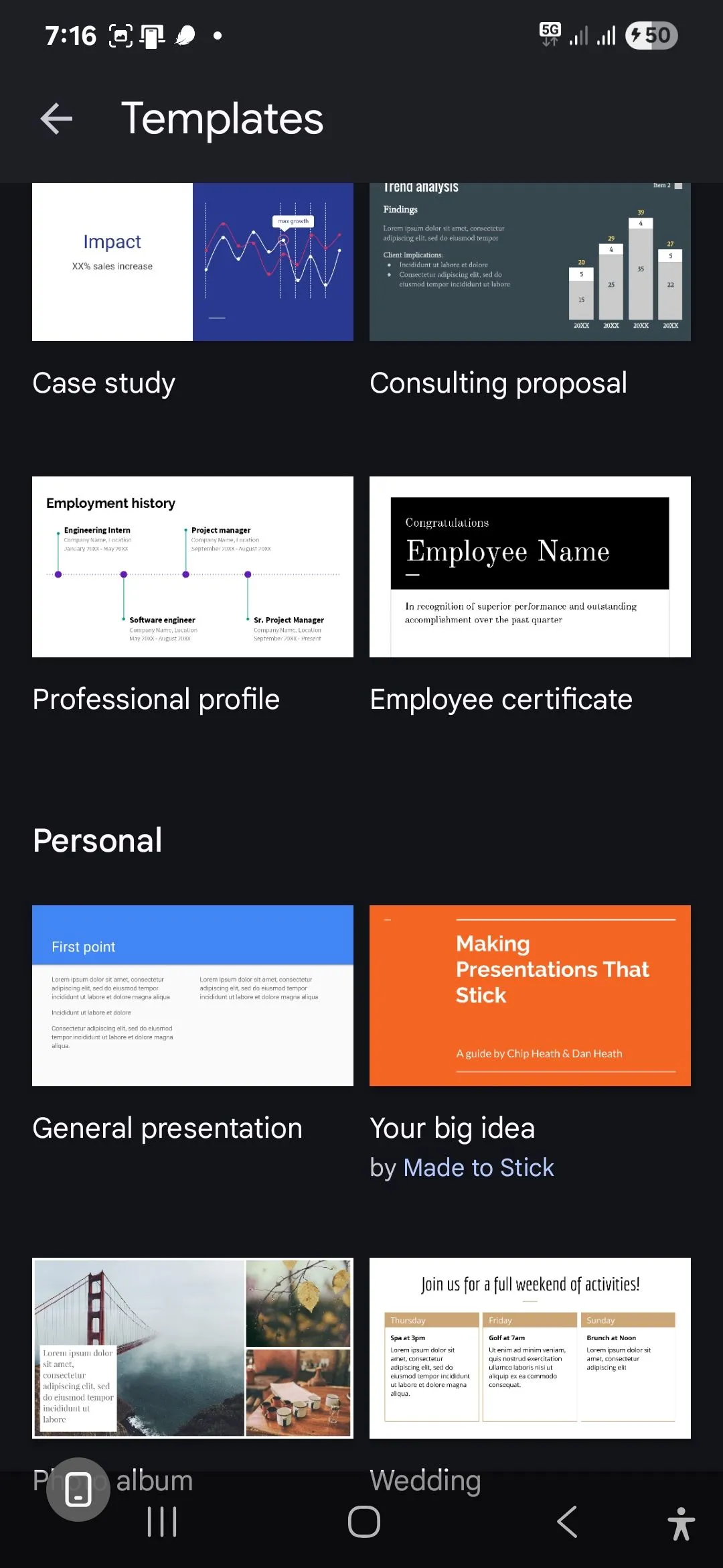 Giao diện chọn mẫu template trong Google Slides trên thiết bị di động với các lựa chọn đơn giản, giúp người dùng nhanh chóng bắt đầu bài thuyết trình.