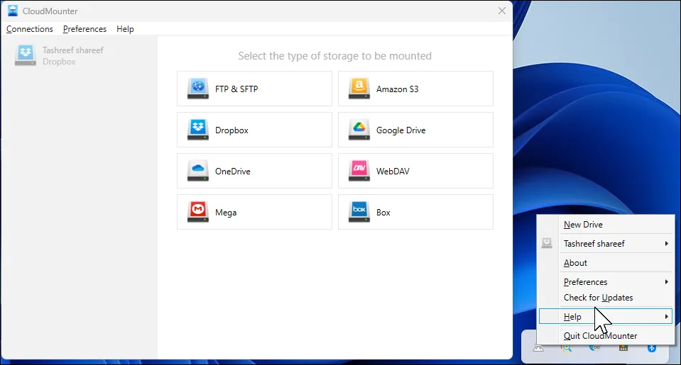 Giao diện CloudMounter trên Windows 11 hiển thị màn hình chính và các dịch vụ đám mây đã kết nối