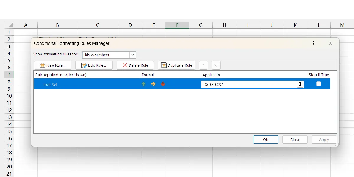 Giao diện Conditional Formatting Rules Manager trong Excel, với quy tắc Icon Set đã được chọn để chỉnh sửa, nhấn mạnh nút Edit Rule.