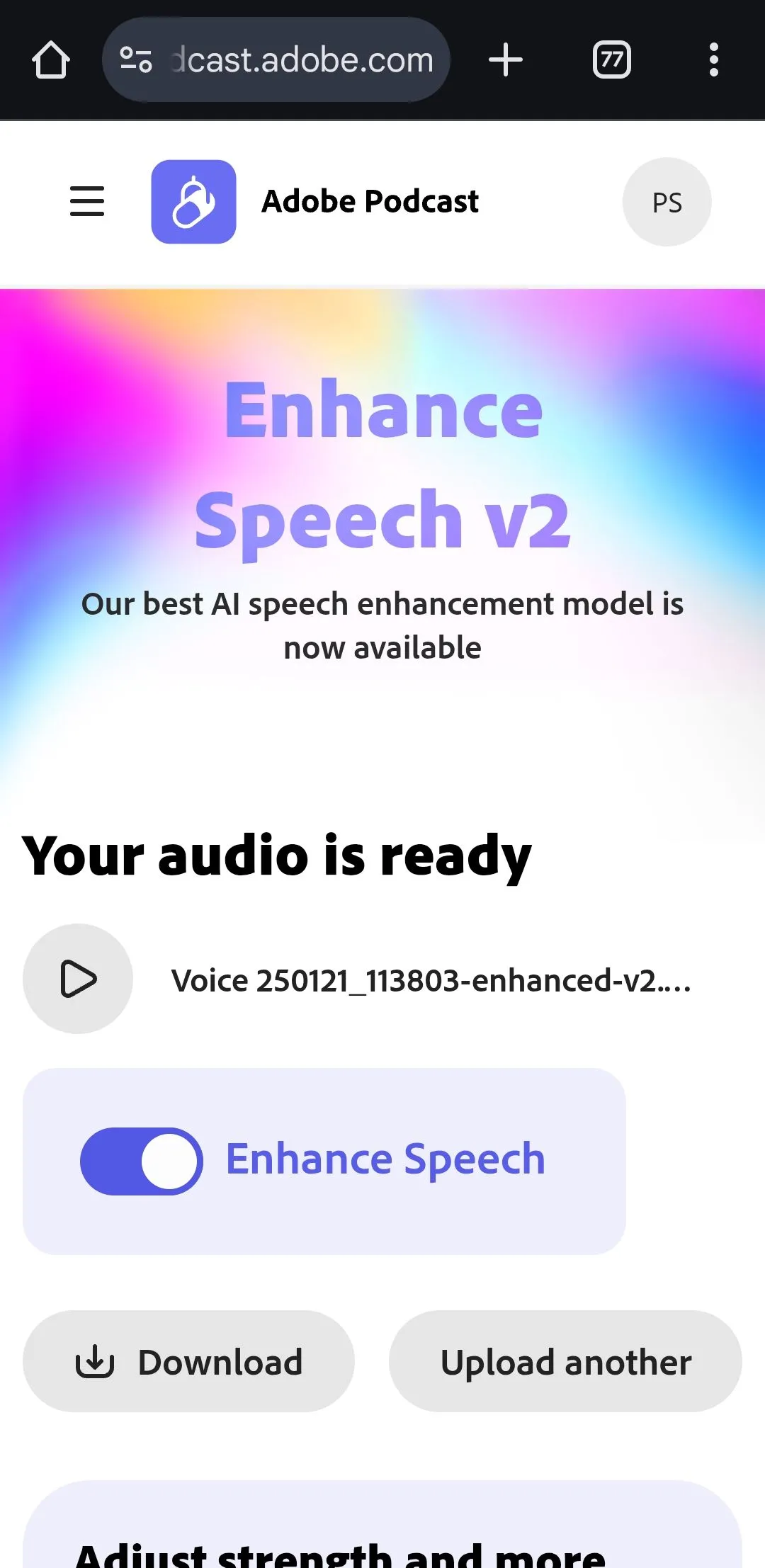 Giao diện công cụ AI Adobe Enhance Speech giúp loại bỏ tiếng ồn và cải thiện giọng nói trên trình duyệt Chrome Android