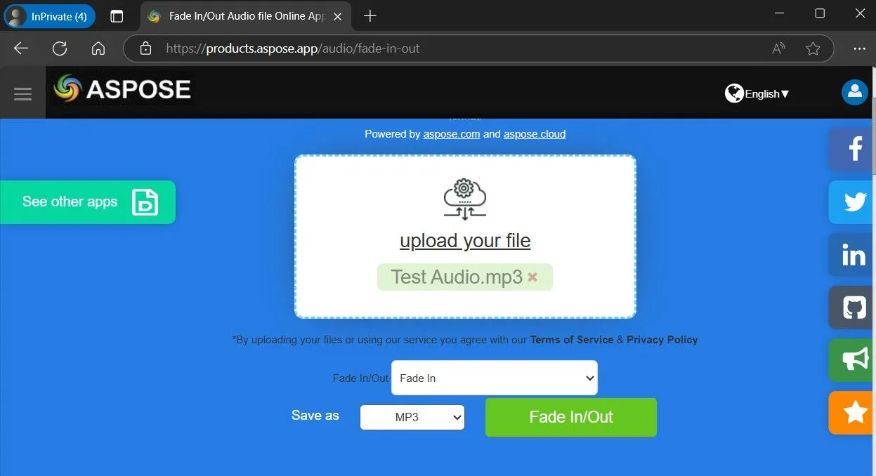Giao diện công cụ Aspose Audio Fade In và Out trong trình duyệt web để xử lý tệp âm thanh.