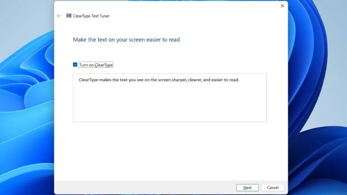 Giao diện công cụ ClearType Text Tuner trên Windows để tối ưu hiển thị văn bản