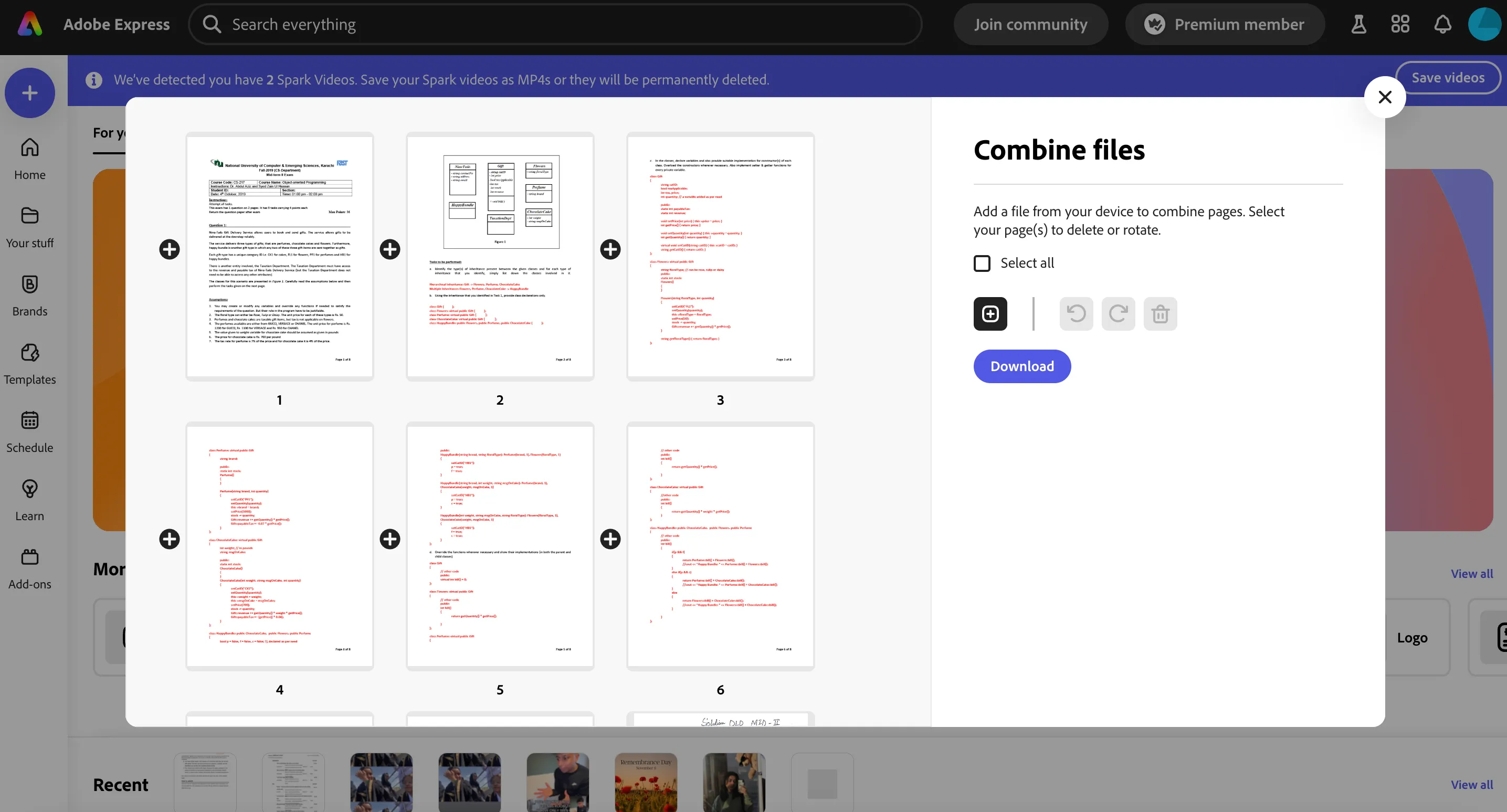 Giao diện công cụ ghép tệp (Combine Files) của Adobe Express, cho phép kết hợp nhiều định dạng thành một tài liệu PDF duy nhất.