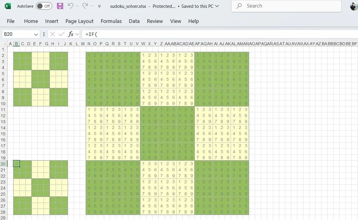 Giao diện công cụ giải Sudoku tự động được xây dựng bằng công thức và định dạng có điều kiện trong Excel.