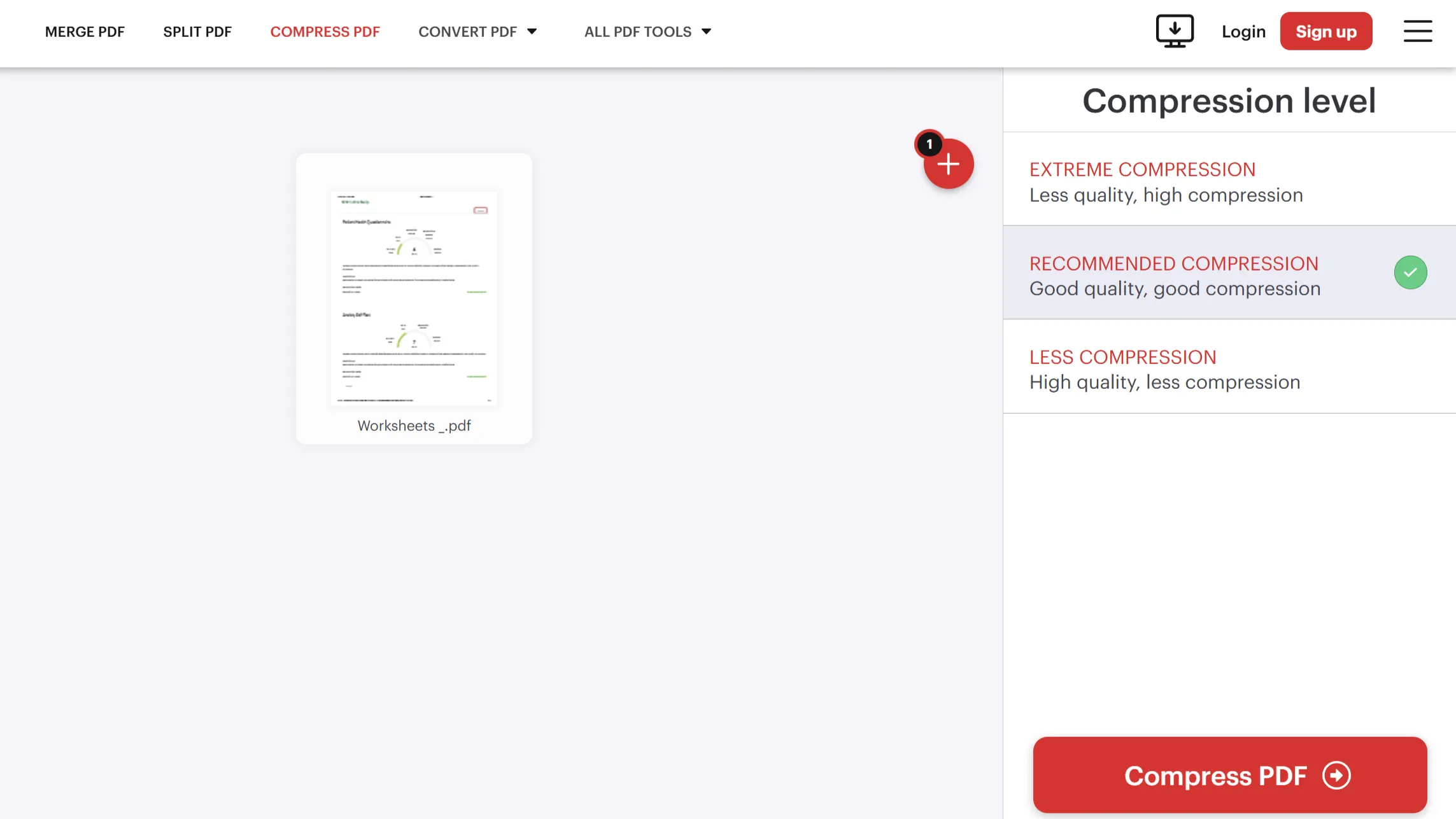 Giao diện công cụ nén PDF online iLovePDF hiển thị các mức độ giảm dung lượng khác nhau