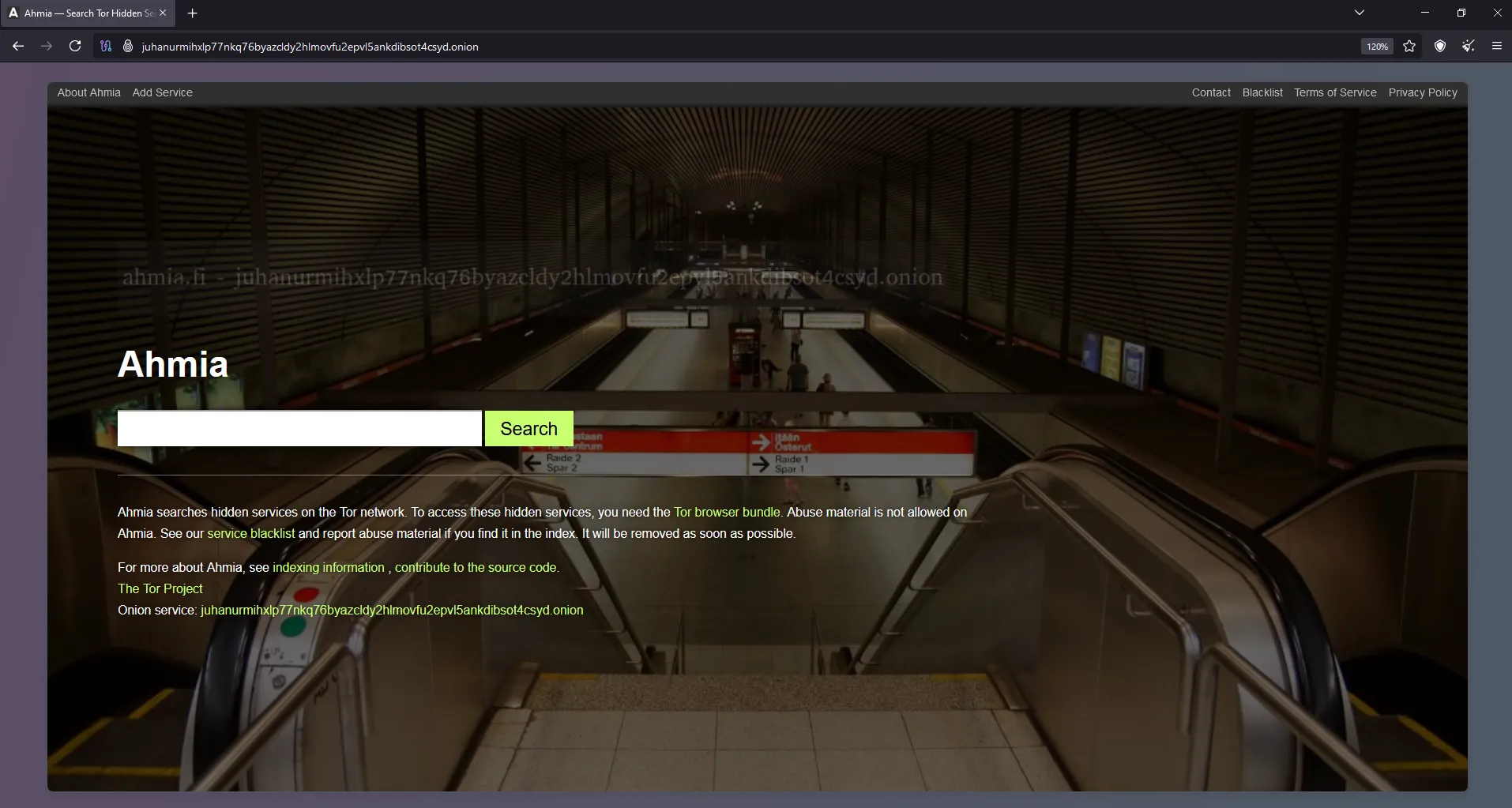 Giao diện công cụ tìm kiếm Ahmia.fi giúp bạn tìm kiếm các trang web .onion hợp pháp trên dark web