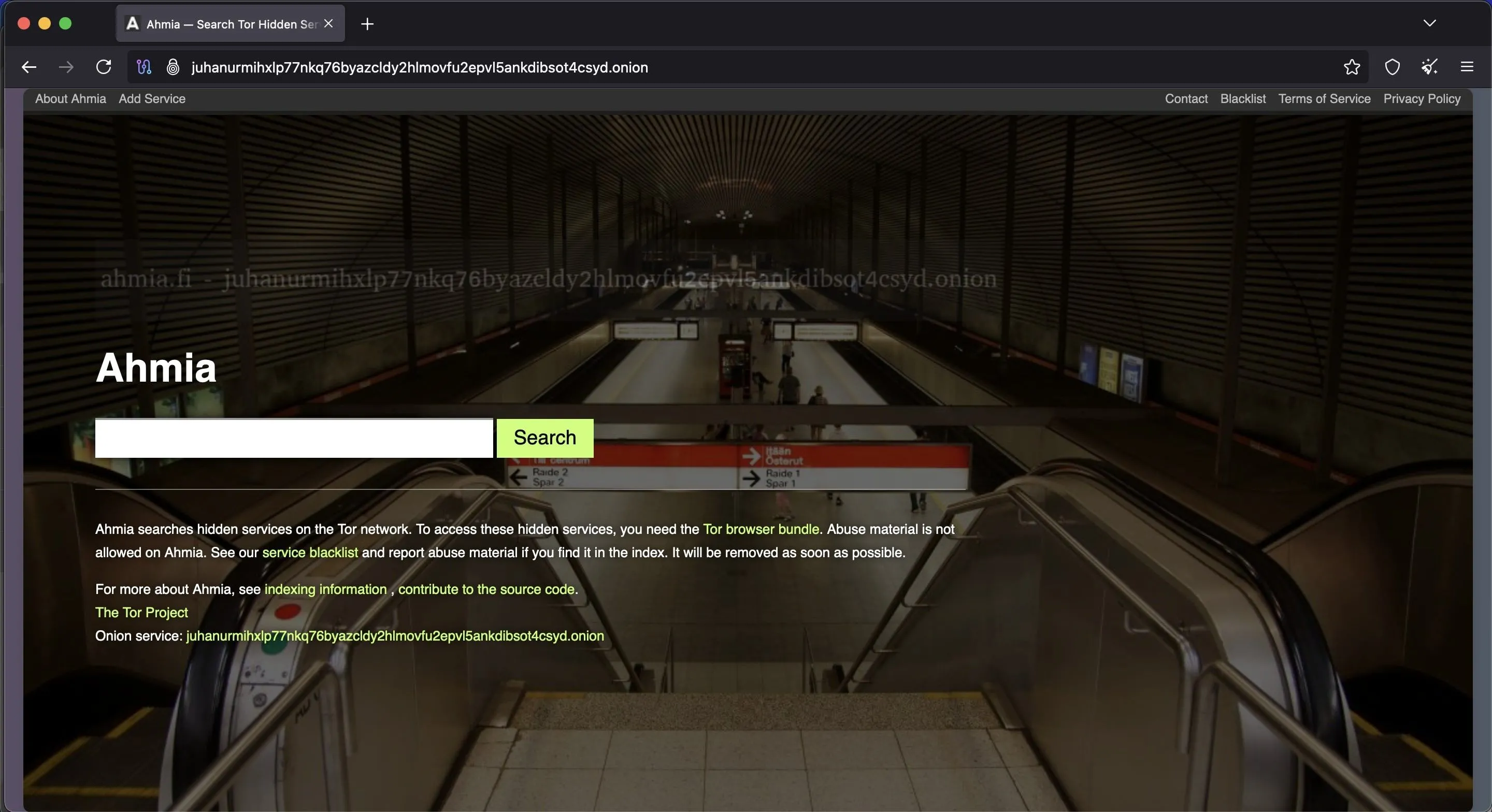 Giao diện công cụ tìm kiếm dark web Ahmia, một lựa chọn an toàn cho người mới.