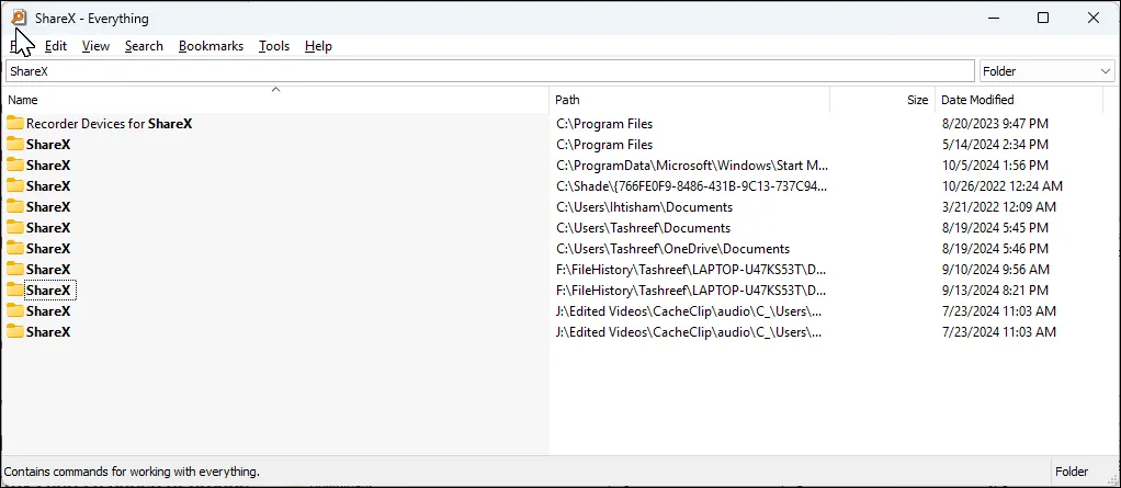 Giao diện công cụ tìm kiếm Everything trên Windows 11, hiển thị kết quả tìm kiếm tức thì cho từ khóa &quot;ShareX&quot;.