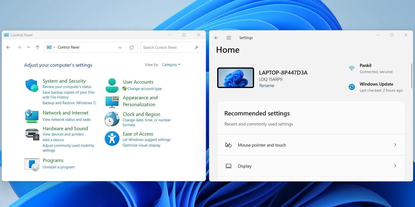 Giao diện Control Panel và Settings của Windows 11 đặt cạnh nhau