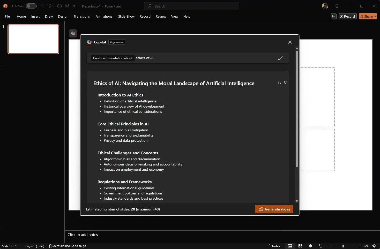 Giao diện Copilot trong PowerPoint giúp tạo bản thuyết trình mới từ đầu