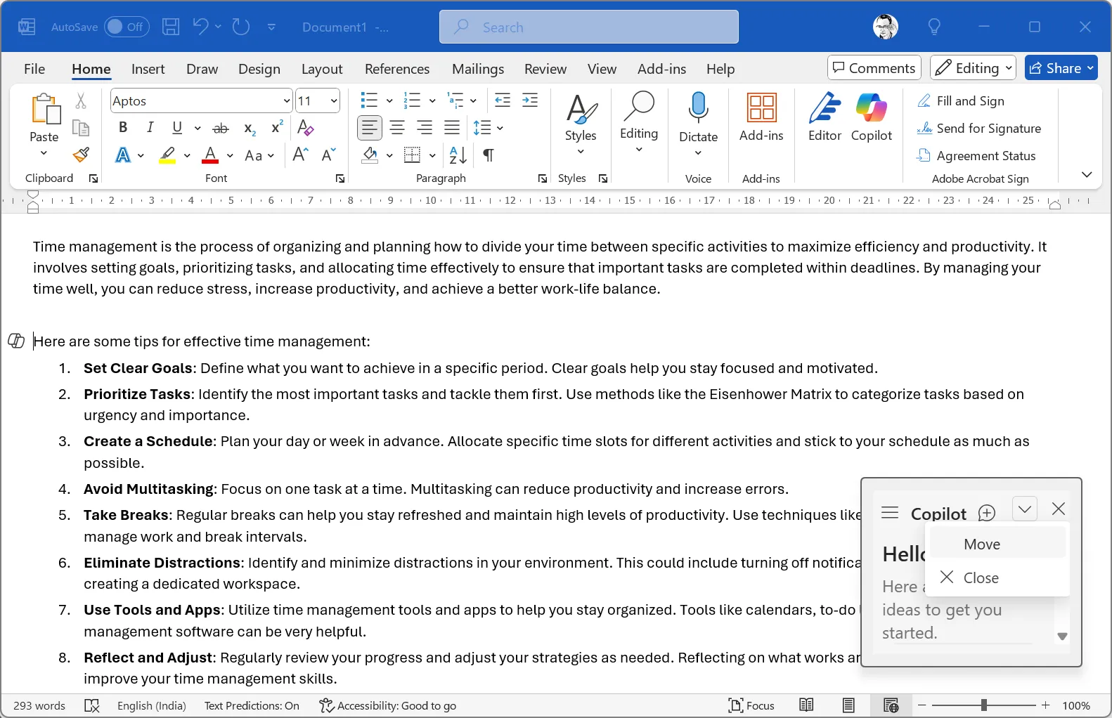 Giao diện cửa sổ Copilot AI nổi trong Microsoft Word, minh họa tính năng cửa sổ công cụ nổi giúp tối ưu không gian làm việc