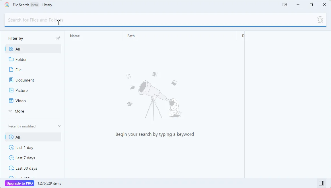 Giao diện cửa sổ tìm kiếm tệp File Search Window của Listary với các tùy chọn lọc nâng cao bên trái.