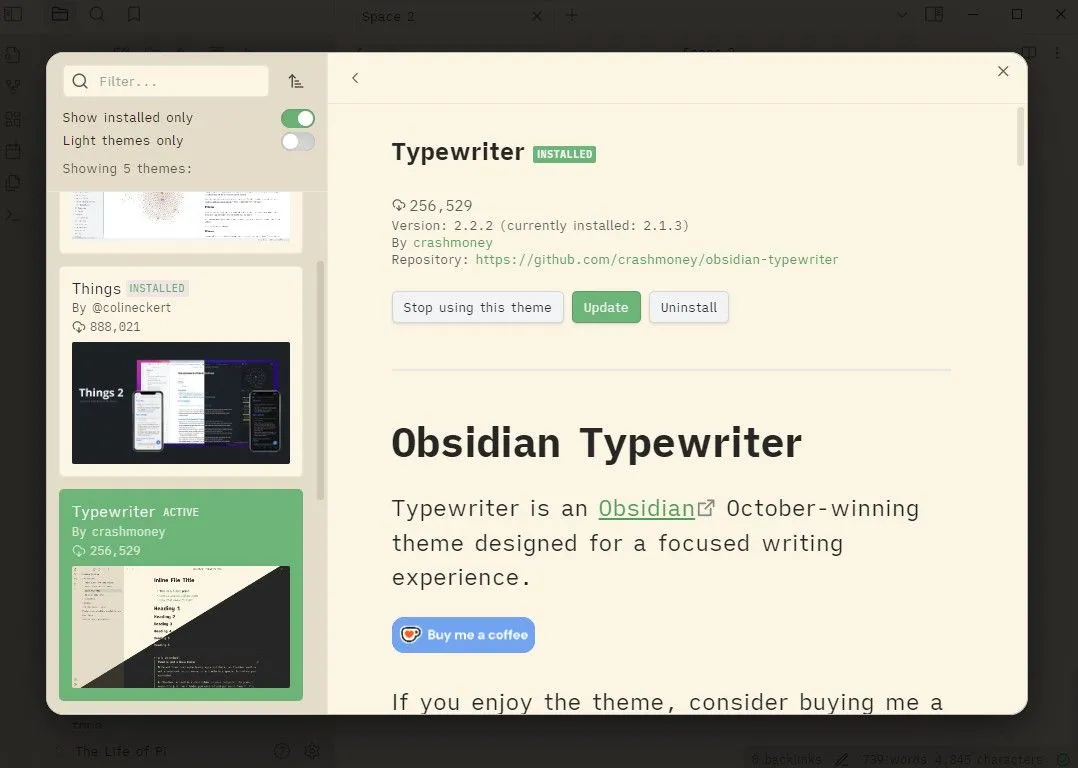 Giao diện của Theme Typewriter trong Obsidian mô phỏng máy đánh chữ cổ điển, với nền trắng và phông chữ đặc trưng, mang lại cảm giác hoài cổ.