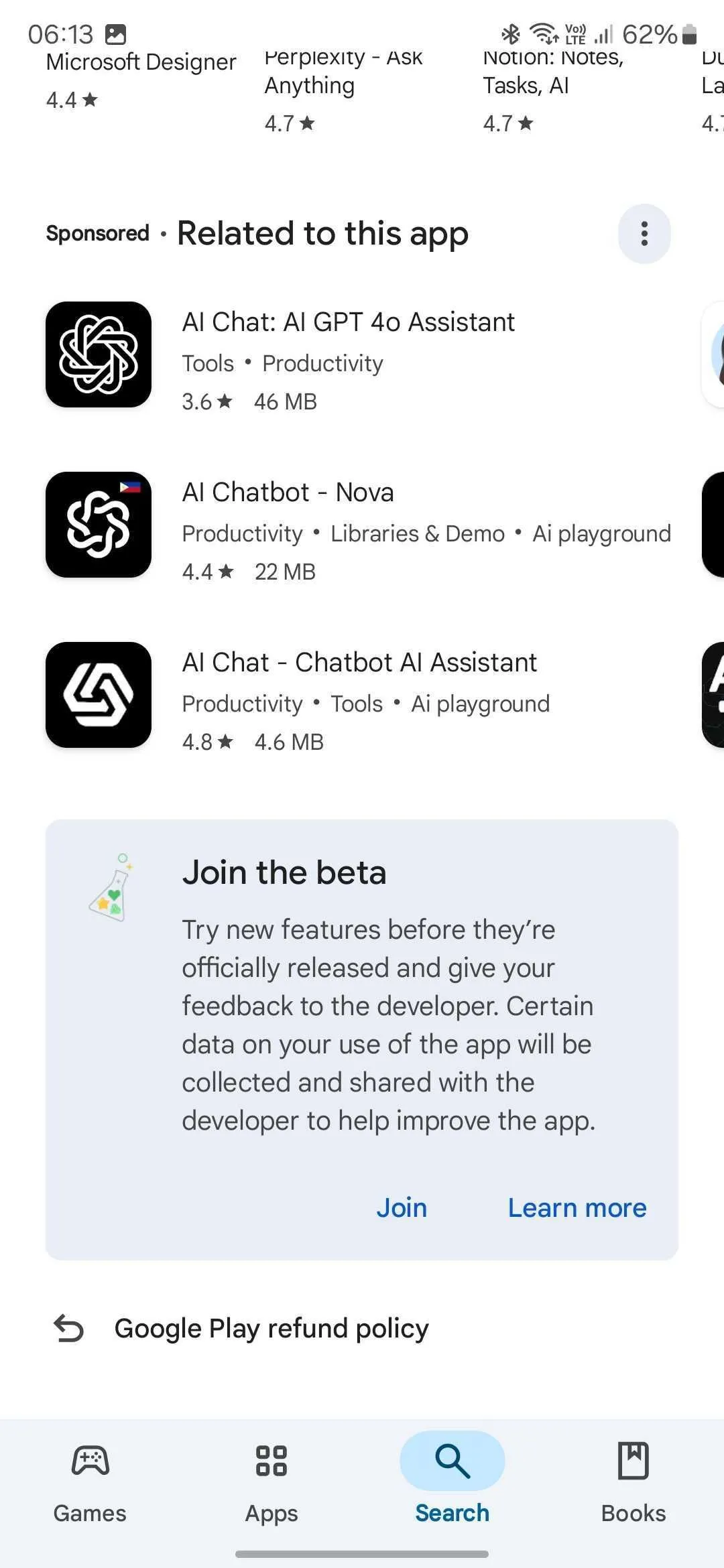 Giao diện đăng ký chương trình beta ChatGPT trên Google Play Store