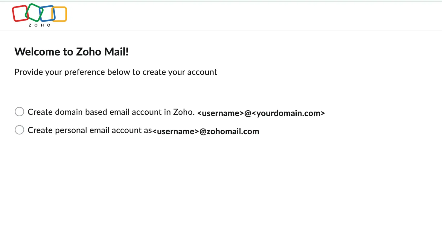 Giao diện đăng ký tài khoản Zoho Mail với tùy chọn email tên miền tùy chỉnh cho doanh nghiệp