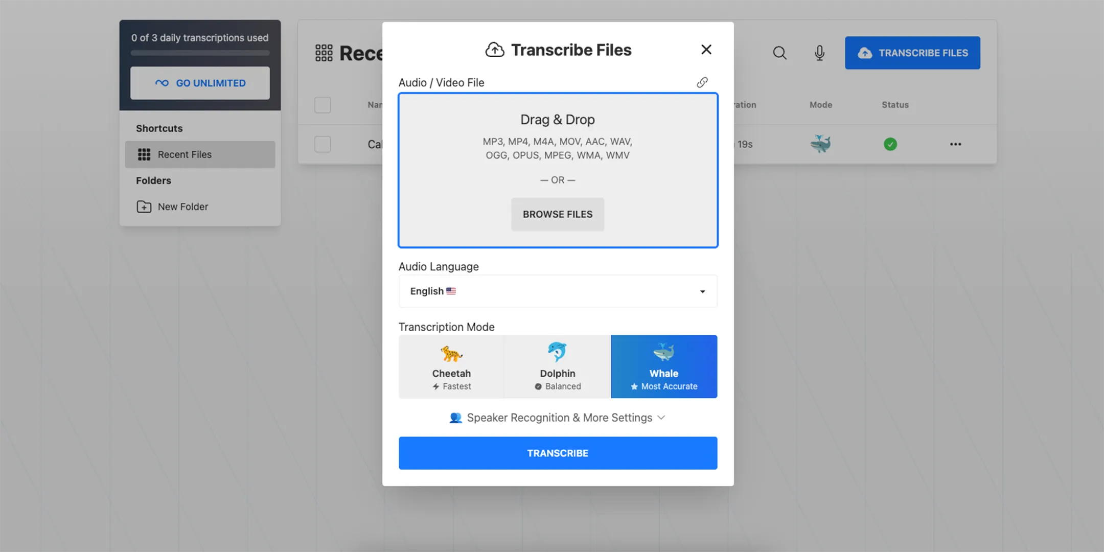Giao diện Dashboard Turboscribe với các tùy chọn tốc độ và độ chính xác chuyển giọng nói AI