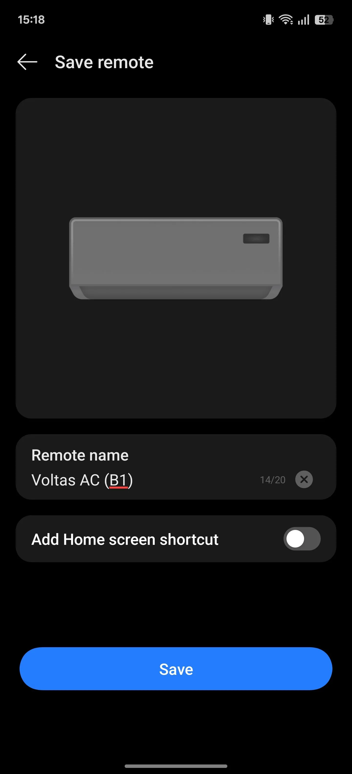Giao diện đặt tên cho điều khiển từ xa mới trong ứng dụng IR Remote trước khi lưu