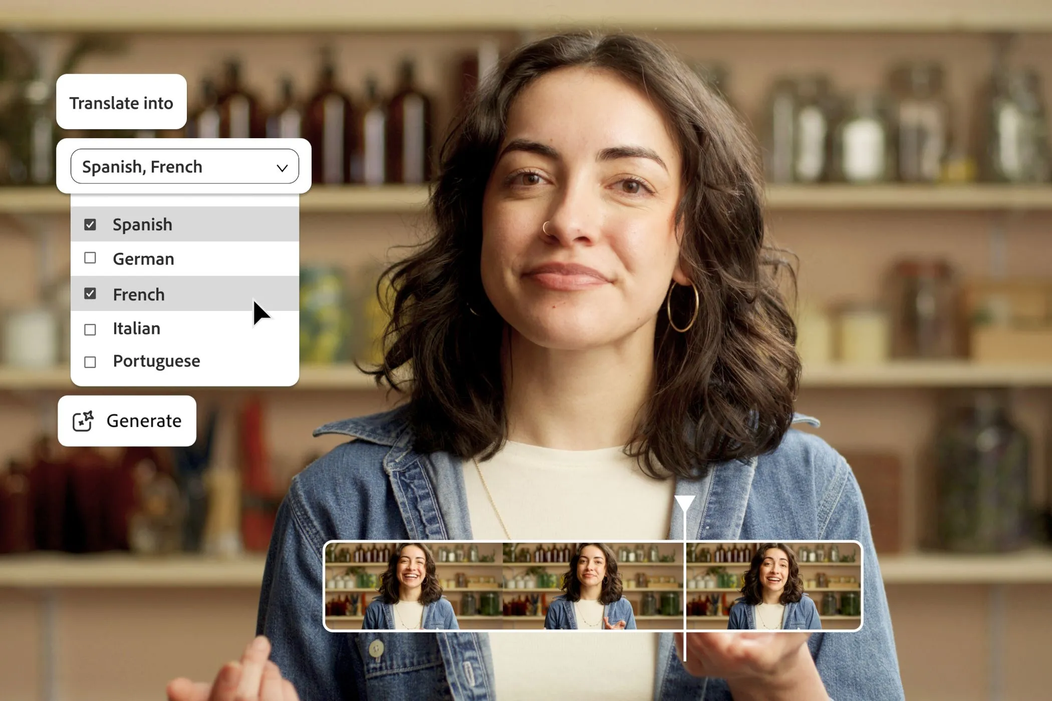 Giao diện dịch video của Adobe Firefly, cho phép lồng tiếng tự động và điều chỉnh ngôn ngữ, đảm bảo truyền tải cảm xúc gốc.