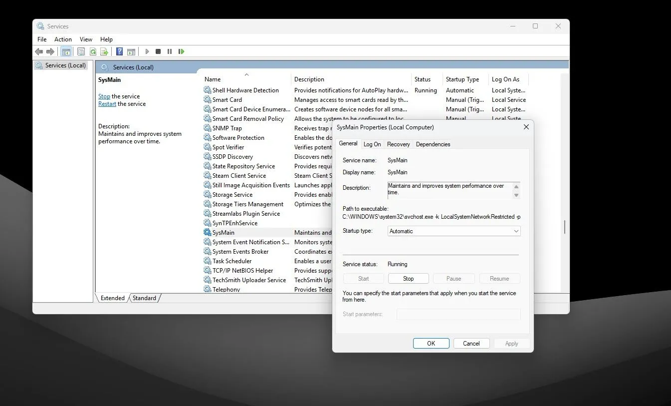 Giao diện dịch vụ SysMain trong cửa sổ Services của Windows