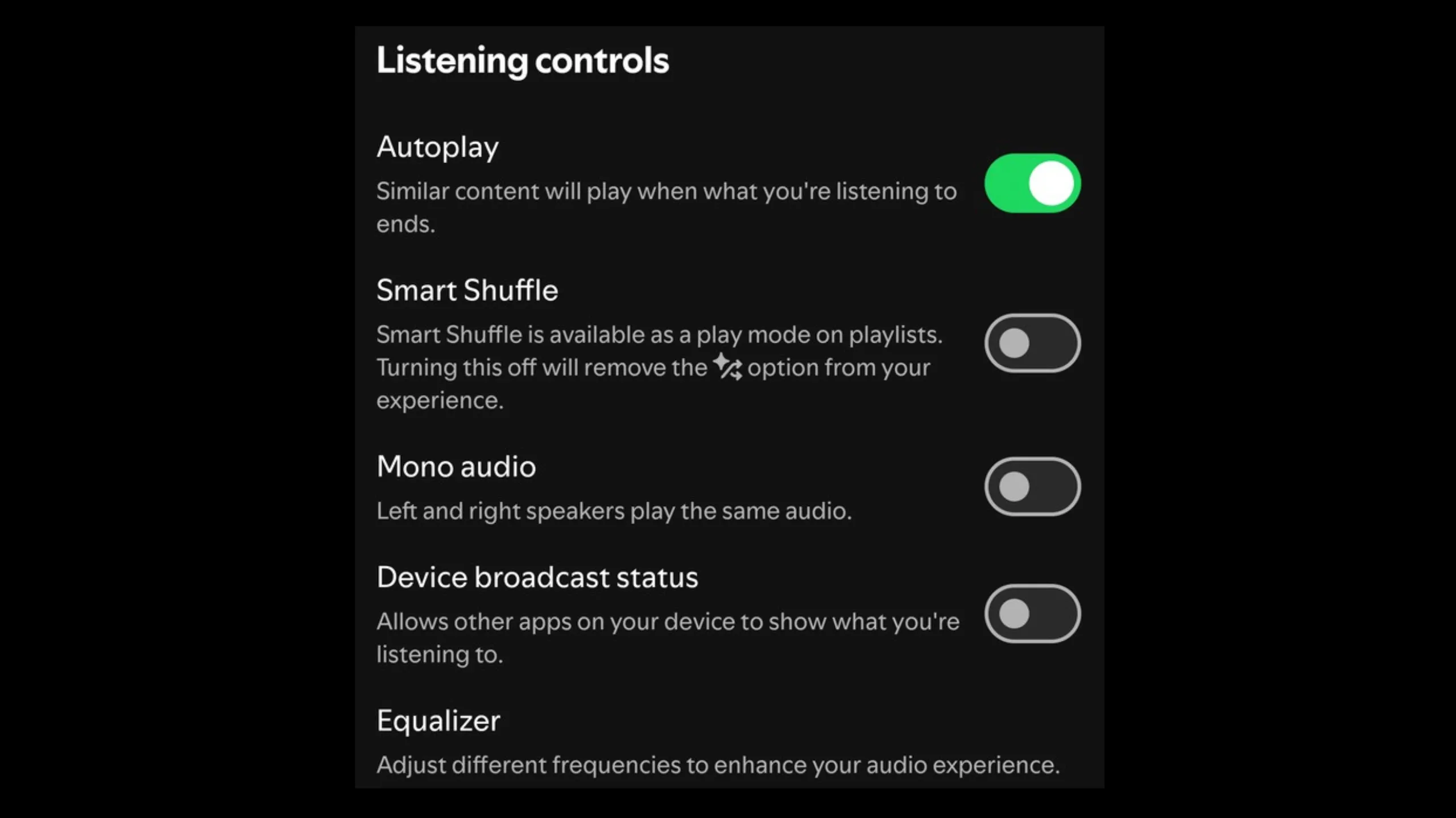 Giao diện điều khiển nghe nhạc (Listening Controls) thay thế trong cài đặt Spotify, hiển thị tùy chọn bật/tắt trực tiếp chế độ Smart Shuffle.