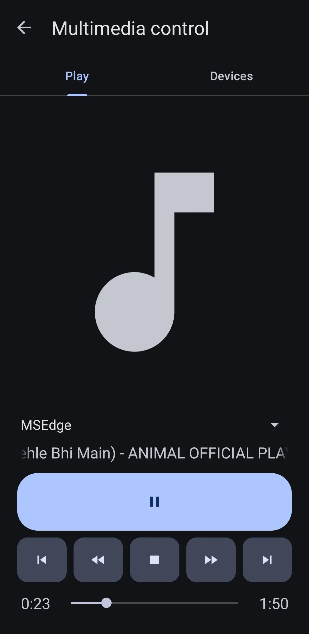 Giao diện điều khiển trình phát nhạc trên điện thoại Android của KDE Connect, cho phép quản lý đa phương tiện từ xa